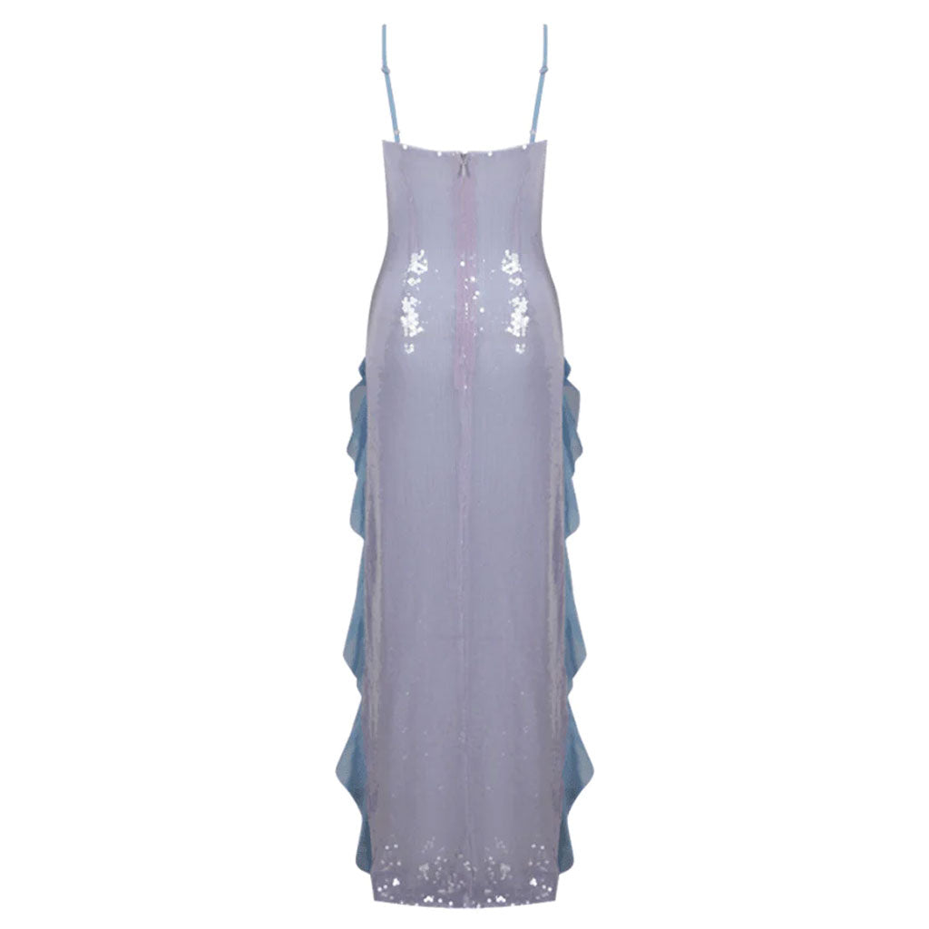 Luxurious Rosette Corsage Ruffle Thigh Split Mermaid Effect Sheer Sequined Dress
