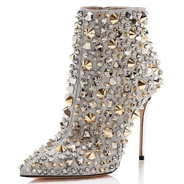 Rivets And Rhinestones Side Zip Ankle Boots