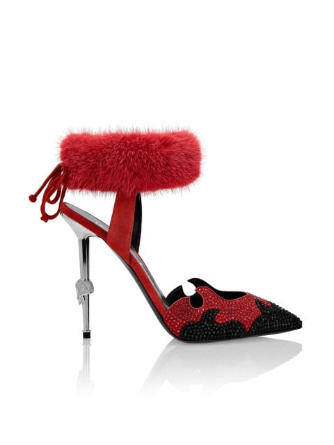 Feathered Ankle Crystal Toe High Heels Pumps