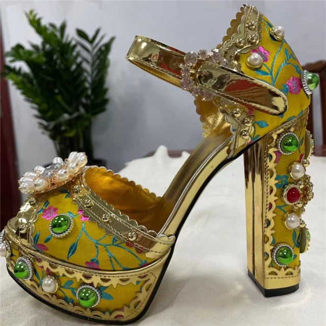 Embroidery Lace Rhinestone Sandals
