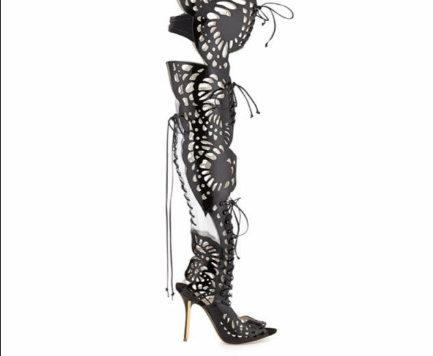 Butterfly See-Thru Lace Up Stiletto Sandals