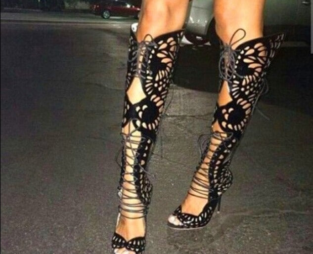 Butterfly See-Thru Lace Up Stiletto Sandals