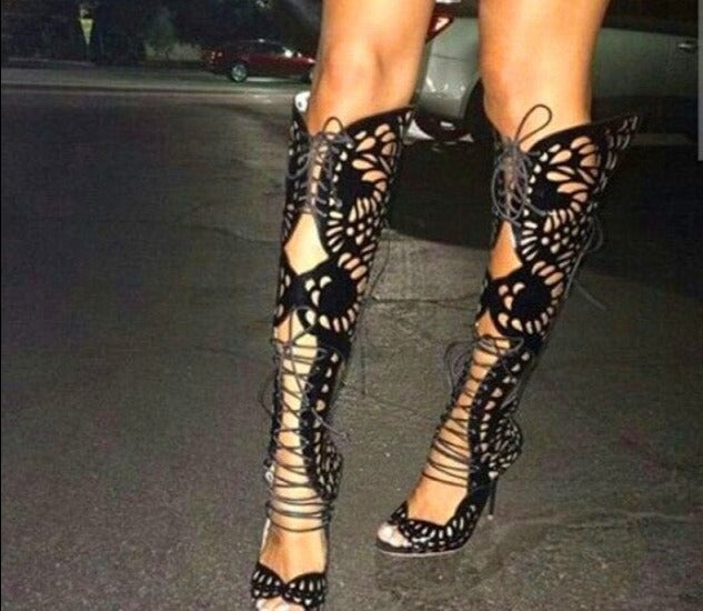 Butterfly See-Thru Lace Up Stiletto Sandals