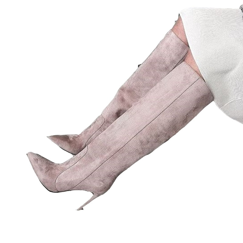 Pink Suede Knee High Boots