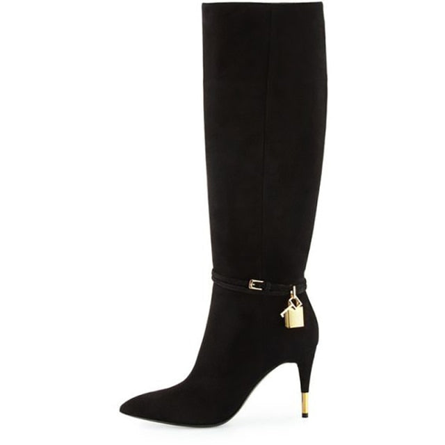 Metal Lock Stiletto Heel Boots