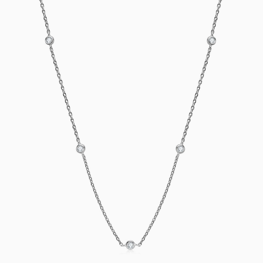 Rolo Chain Rhodium Plated Sterling Silver Moissanite Droplet Station Necklace