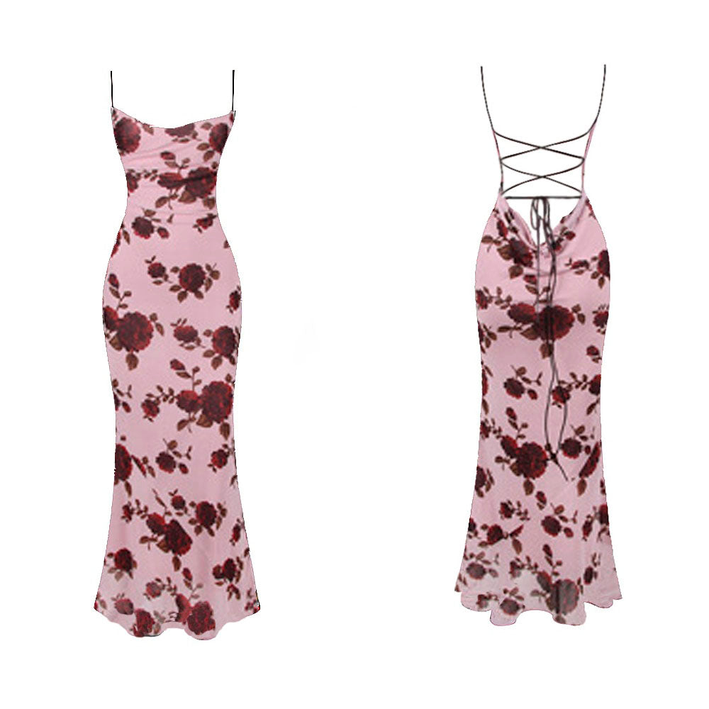 JAMI ROSE PRINT BACKLESS LACE UP MAXI DRESS
