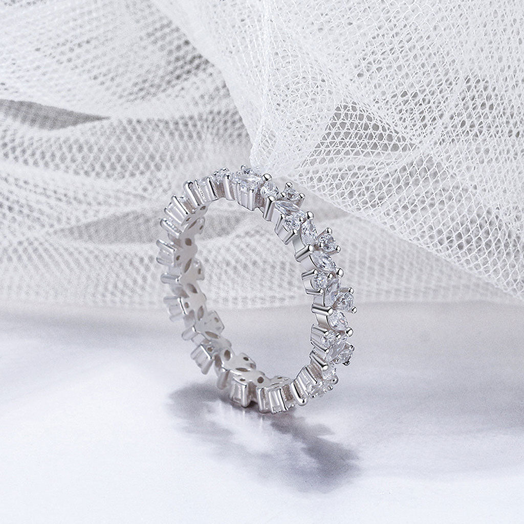 Row of Petal Cubic Zirconia Rhodium Plated Sterling Silver Eternity Band Ring
