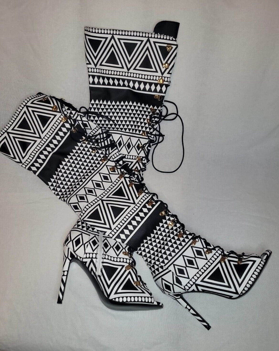 Clearance - Tribal Print Open Toe Thigh High Boots