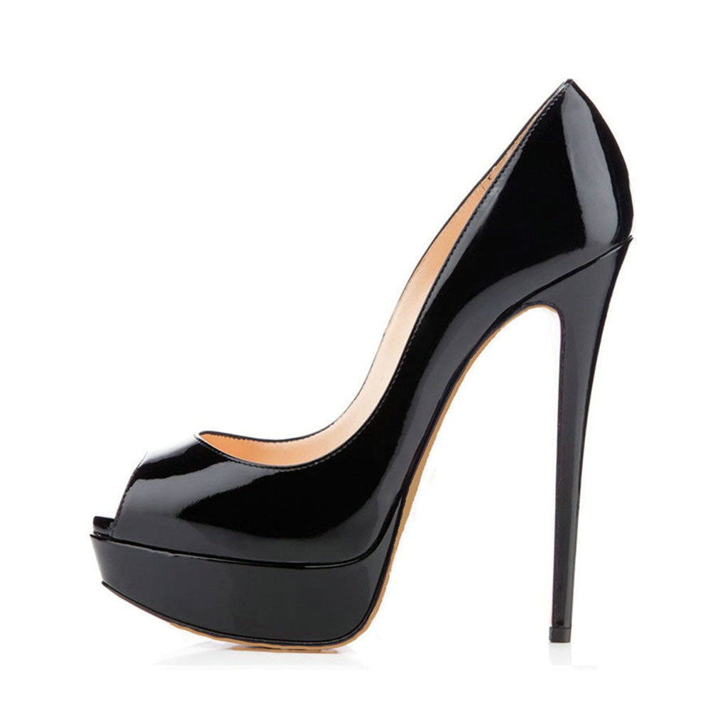Sexy Peep Toe Patent Leather Platform Stiletto Pumps - Black â Nsbua