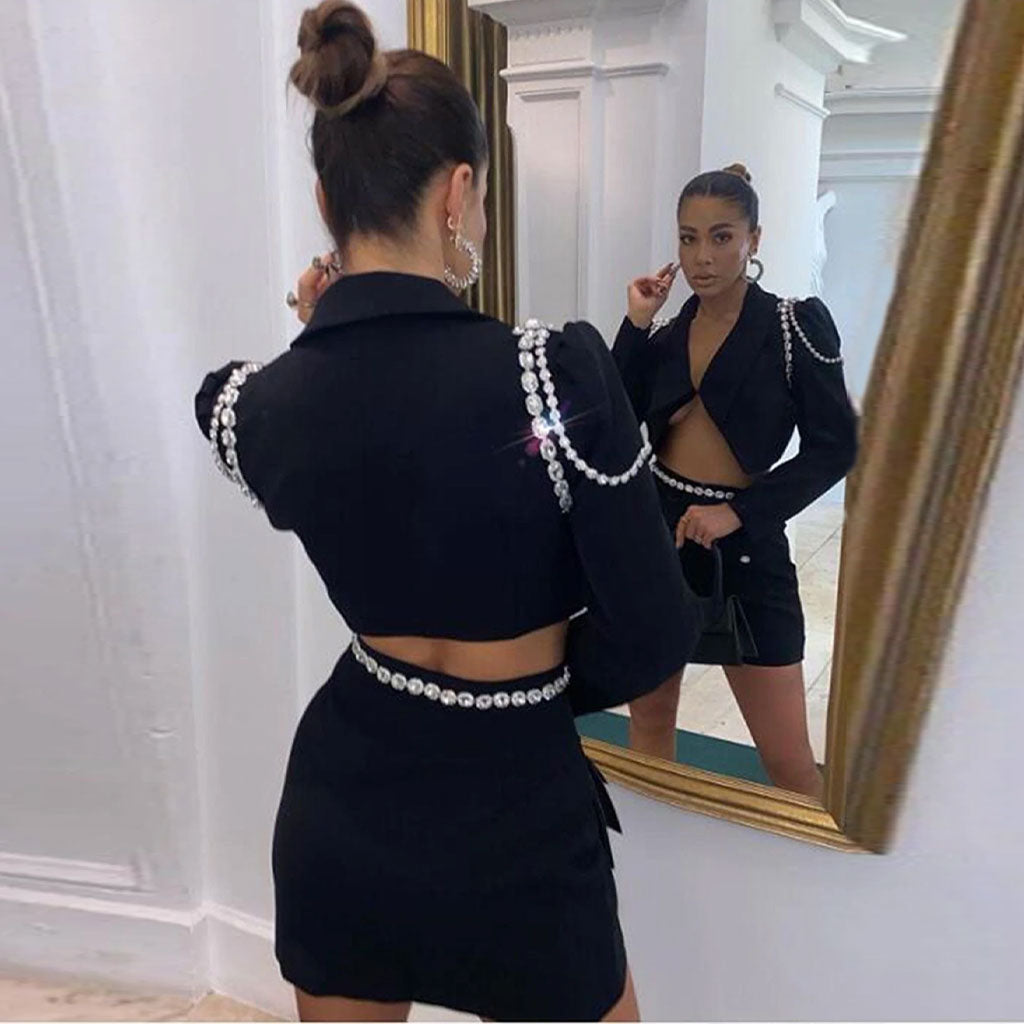 Sparkly Crystal Embellished Puff Sleeve Crop Blazer Matching Set - Black