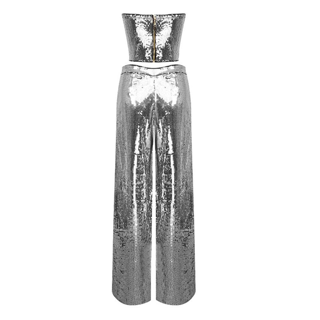 Sparkly Sequin Party Sweetheart Crop Tube Top Wide Leg Pant Matching Set