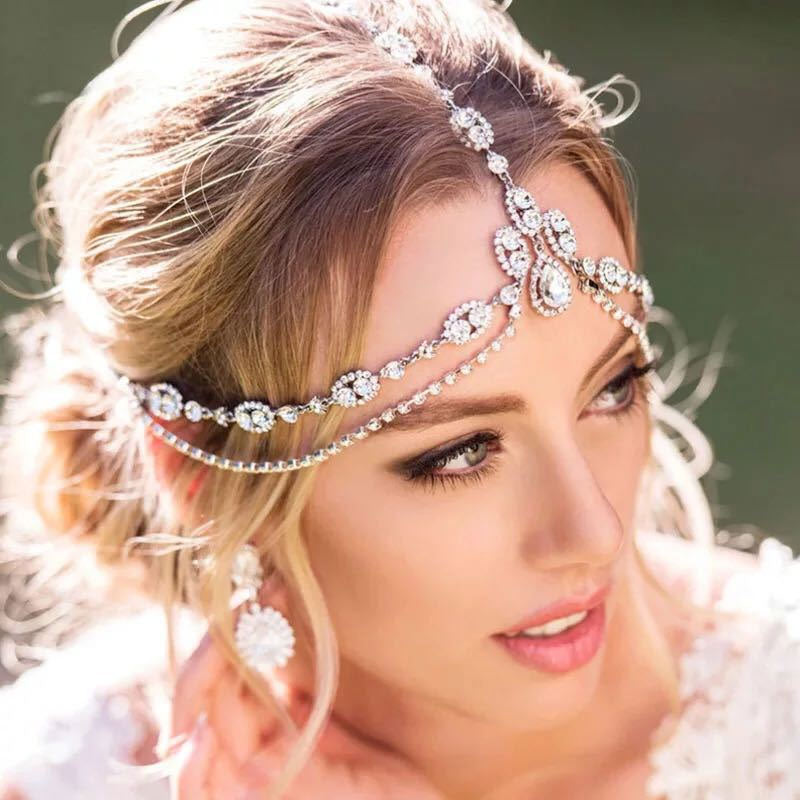 Sparkly Teardrop Pendant Crystal Embellished Layered Bridal Head Chain - Silver