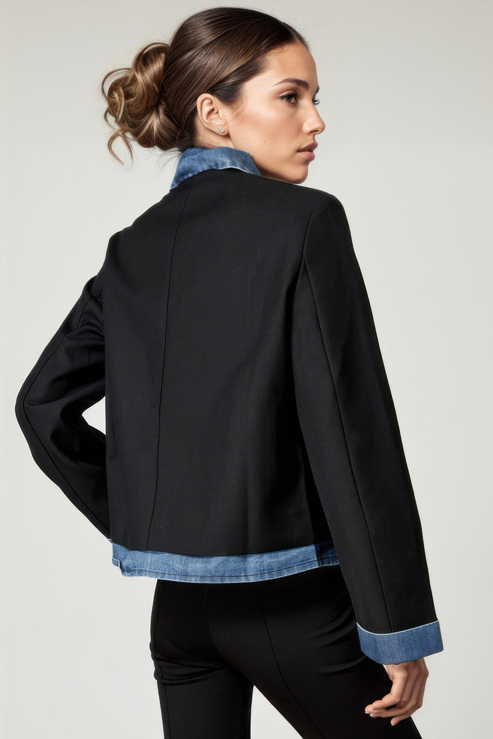 Denim-Trim Blazer - Black