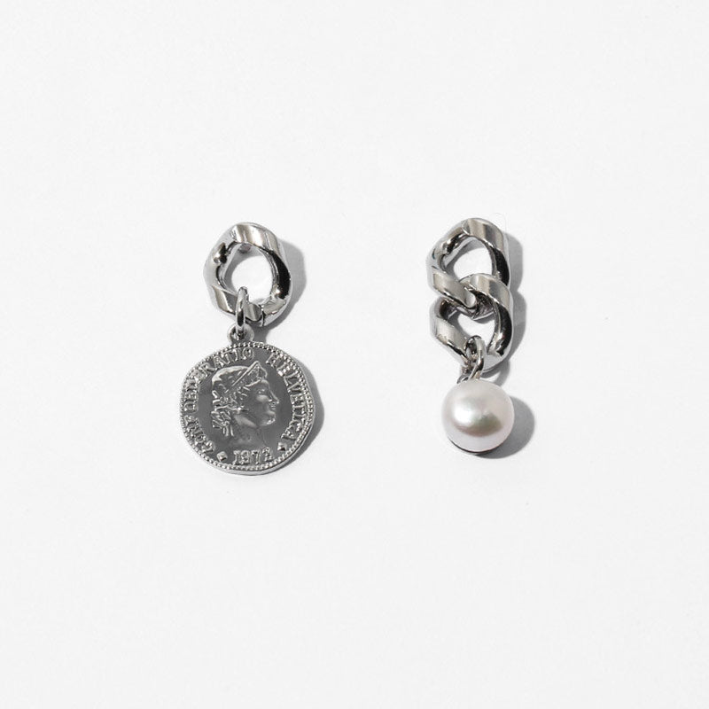 Unique Coin Pearl Pendant Chunky Chain Drop Earrings - Silver