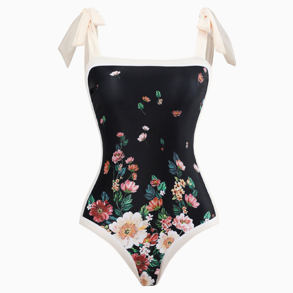 Vintage Printed Moderate Bow Tie Strap Square Neck One Piece Swimsuit