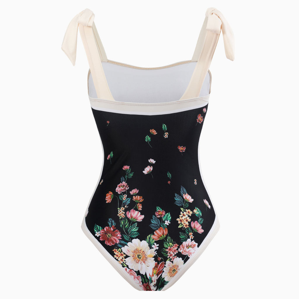 Vintage Printed Moderate Bow Tie Strap Square Neck One Piece Swimsuit