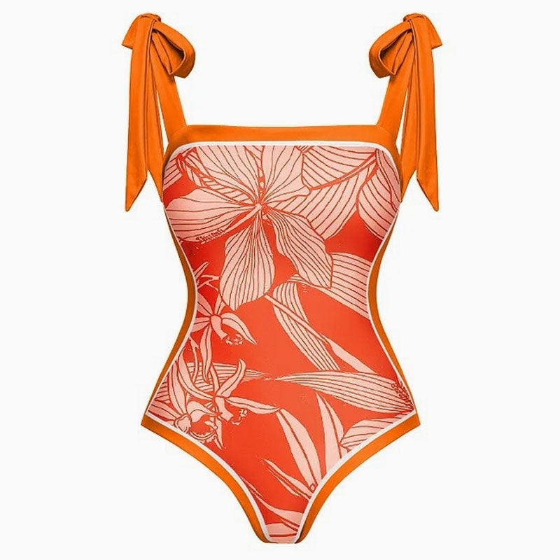 Vintage Printed Moderate Bow Tie Strap Square Neck One Piece Swimsuit