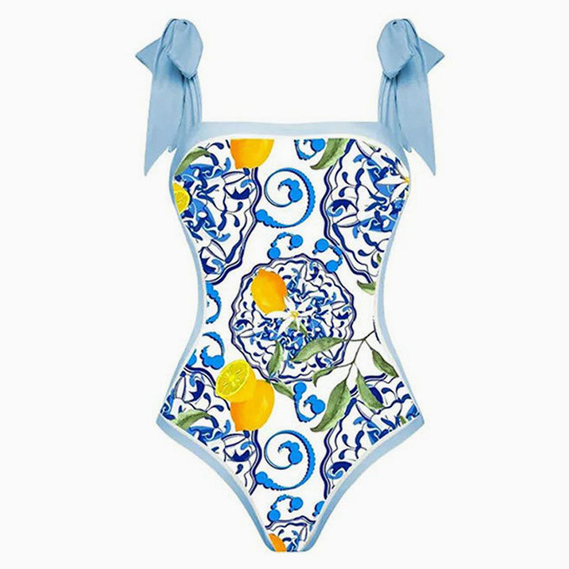 Vintage Printed Moderate Bow Tie Strap Square Neck One Piece Swimsuit