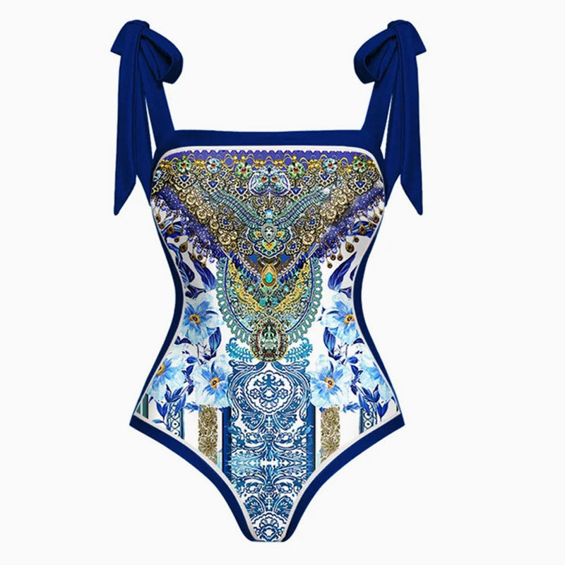 Vintage Printed Moderate Bow Tie Strap Square Neck One Piece Swimsuit