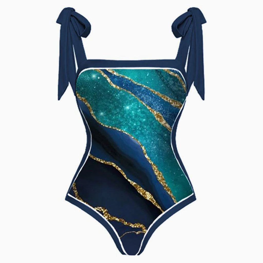 Vintage Printed Moderate Bow Tie Strap Square Neck One Piece Swimsuit