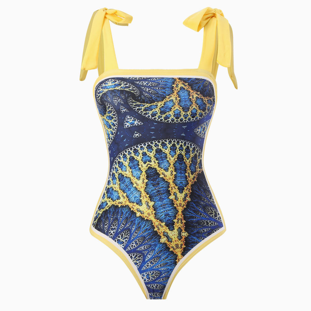 Vintage Printed Moderate Bow Tie Strap Square Neck One Piece Swimsuit