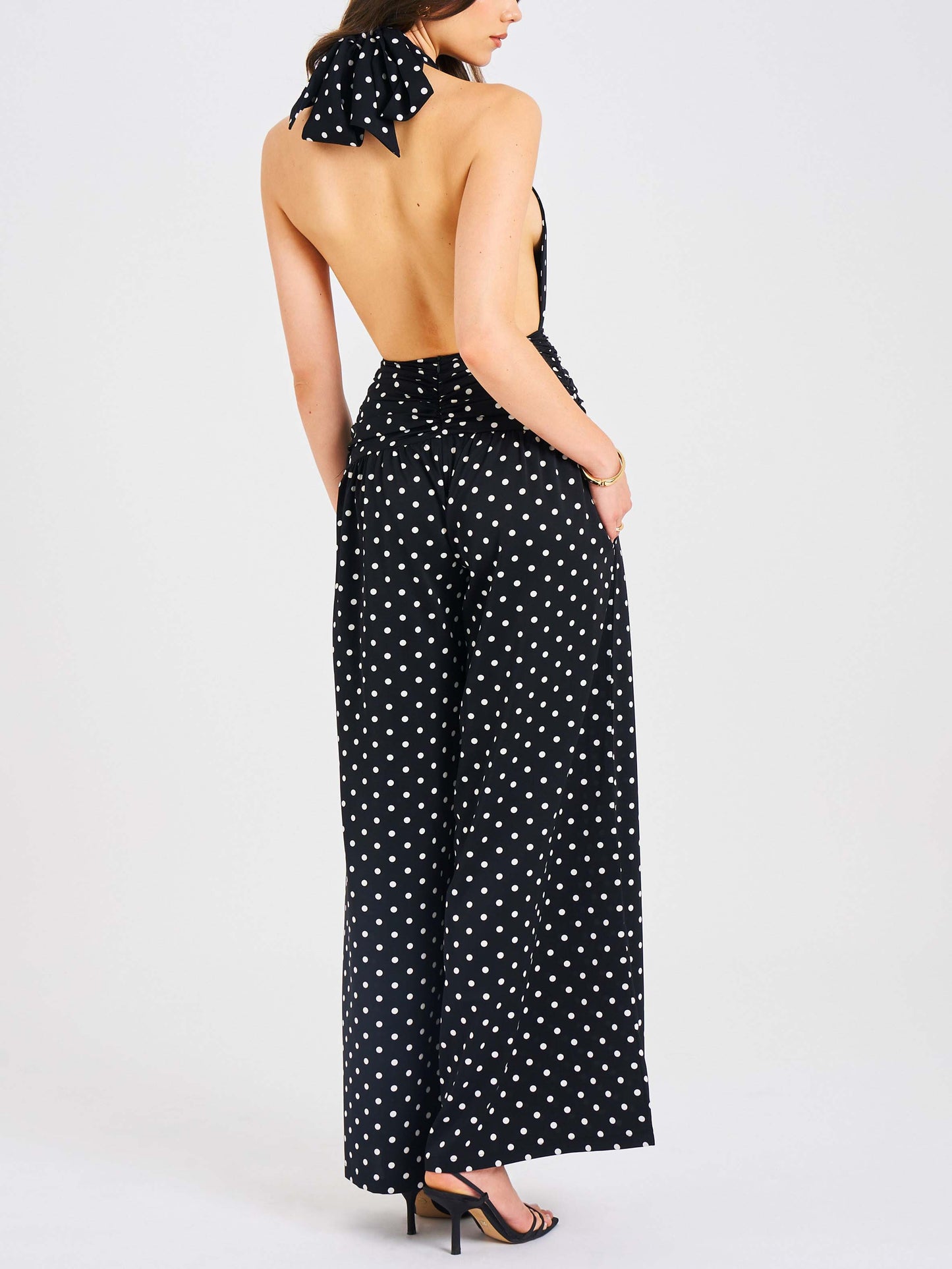 Retro Polka Dot Classic Deep V-Neck Open Back Polka Dot Jumpsuit