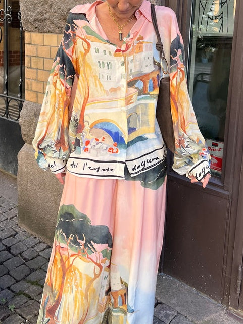 Landscape Print Loose Shirt-Pink