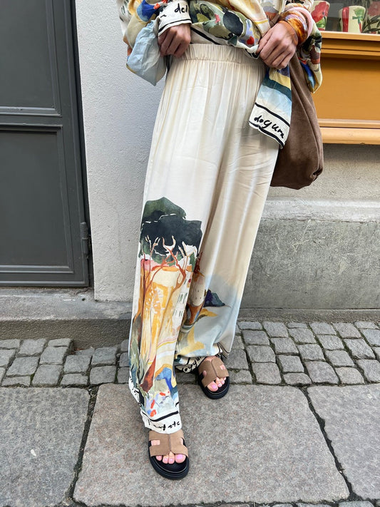 Landscape Print Loose Pants-White