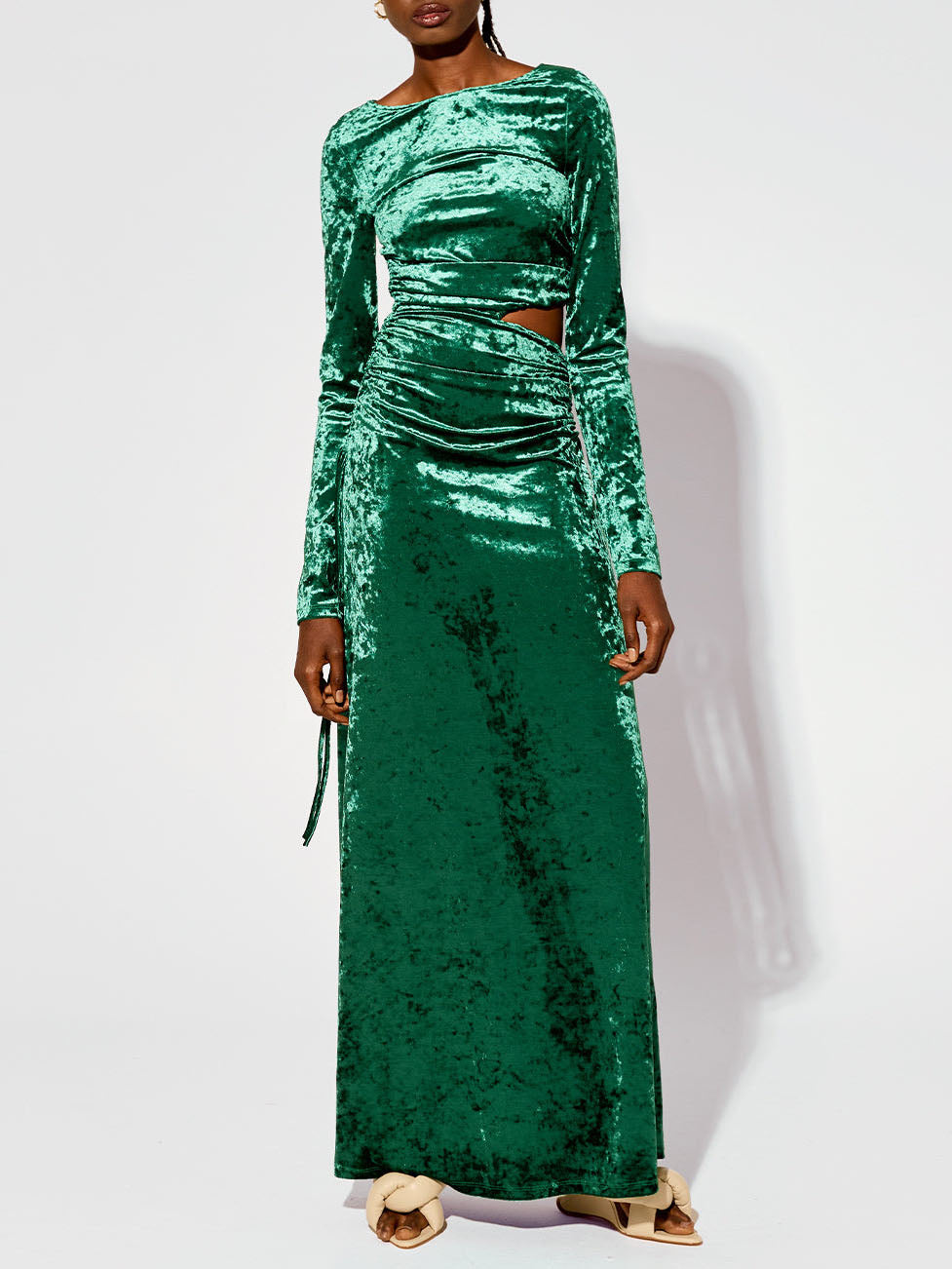 Modern Cutout Shirred Diamond Velvet Maxi Dress