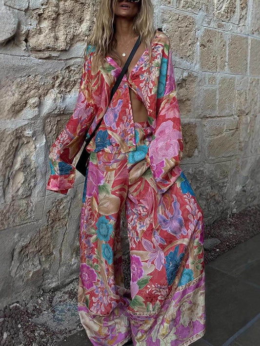 Satin Unique Casual Floral Print Elastic Waistband Pocket Wide Leg Pants