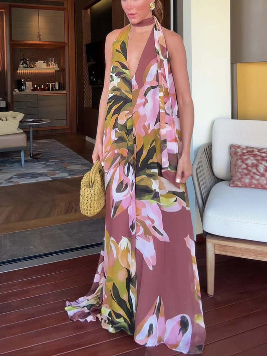 Elegant V-neck Watercolor Floral Print Maxi Dress