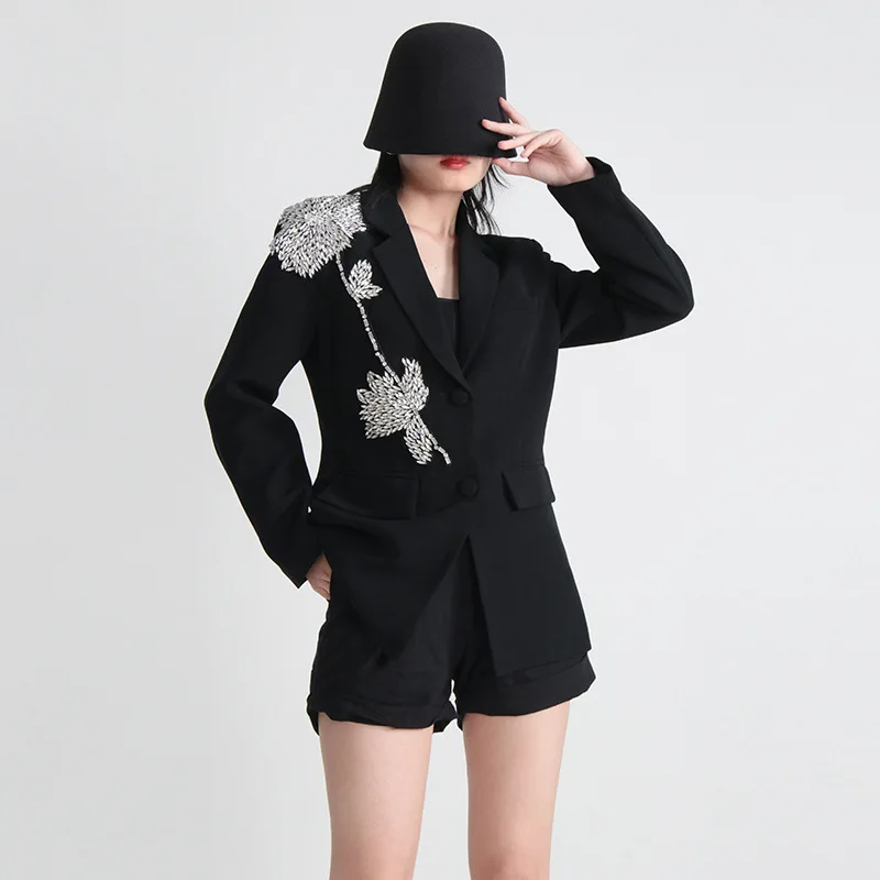 BLACK BLAZER with RHINESTONE FLOWER