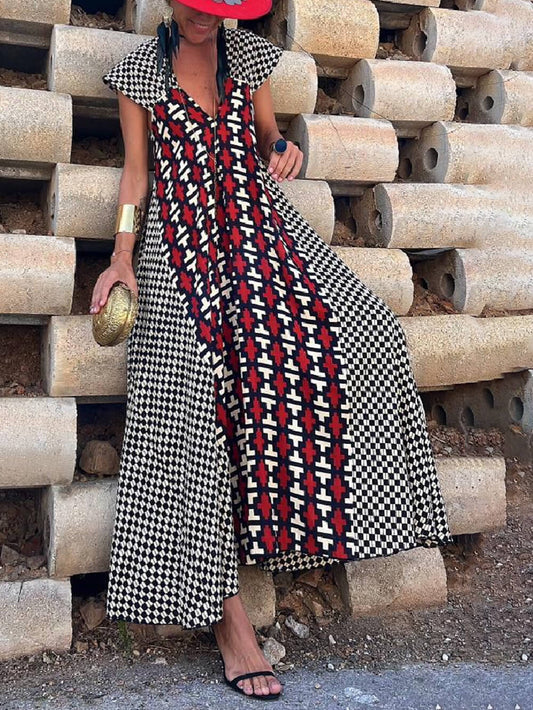 Ethnic Unique Print Ruffle Sleeve A-line Maxi Dress