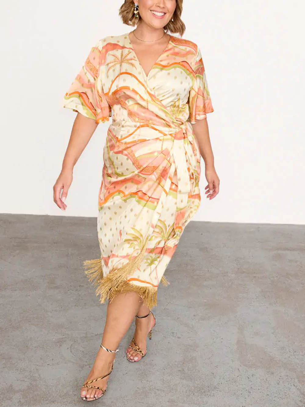 Unique Tassel Stitching Pastel Palm Ceryes Wrap Dress