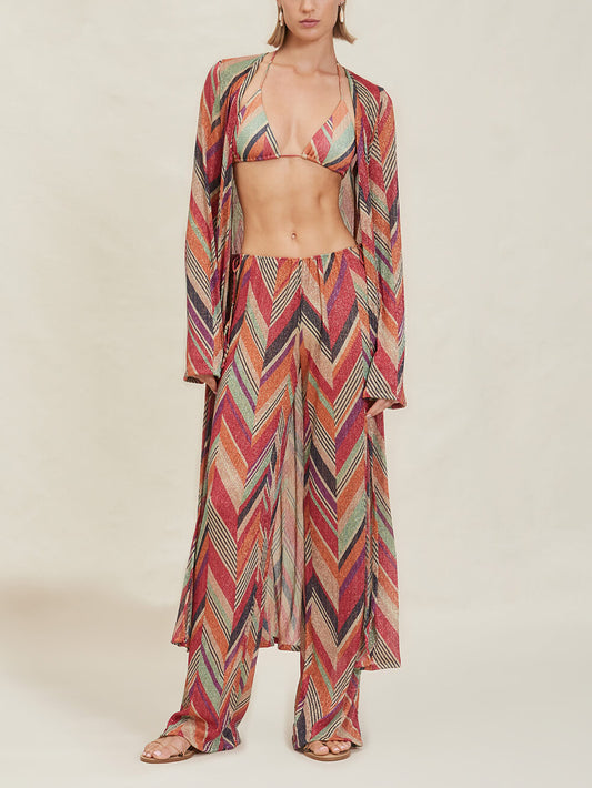 Beach Vacation Geometric Print Bell Sleeve Cardigan Midi Dress