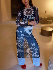 Retro Midnight Romance Mesh Print Dress