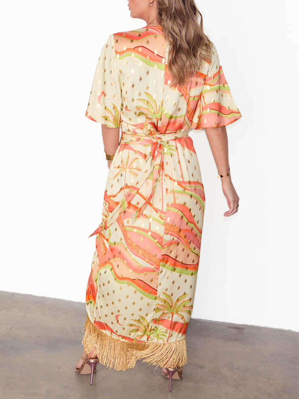 Unique Tassel Stitching Pastel Palm Ceryes Wrap Dress