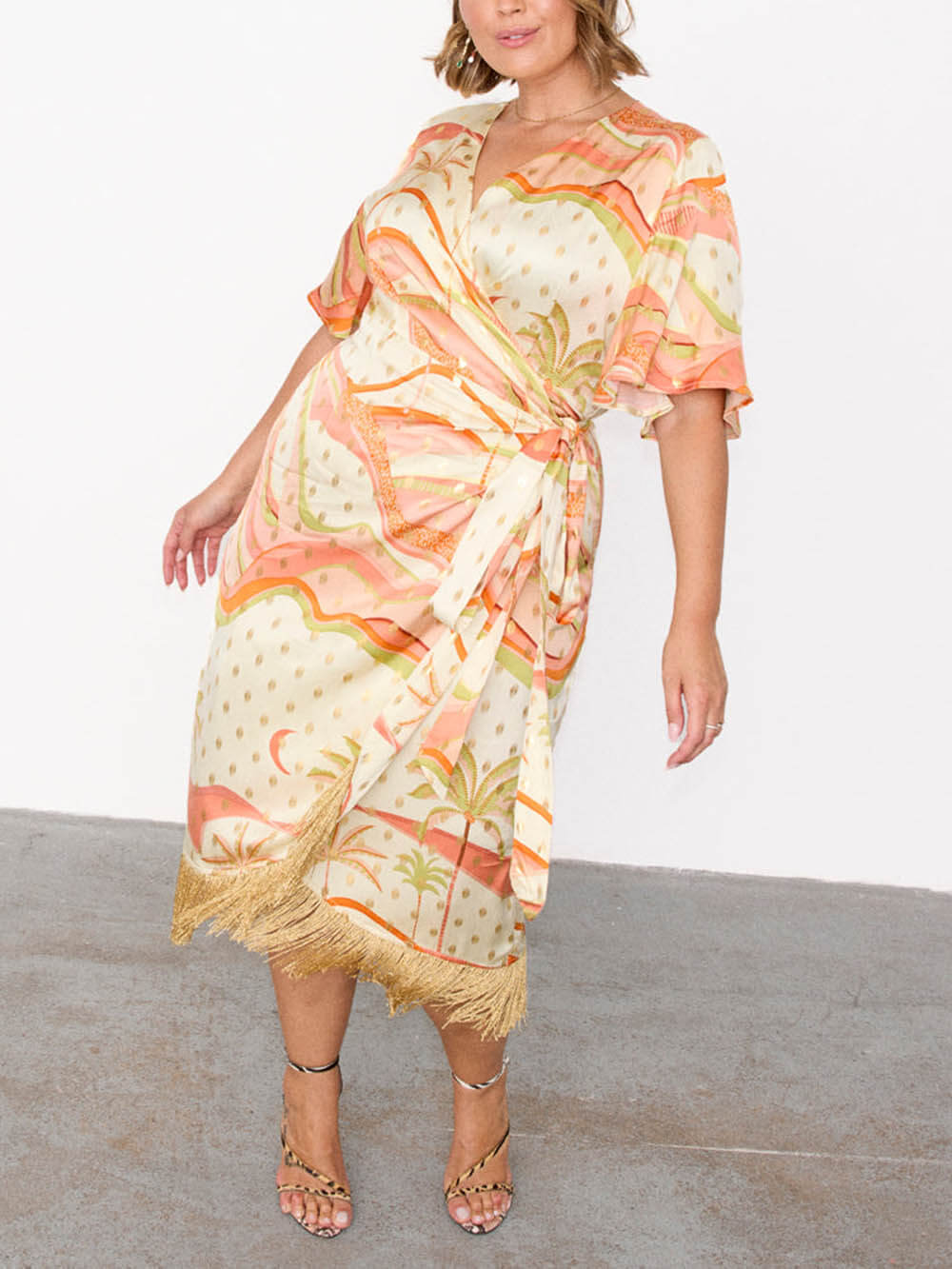 Unique Tassel Stitching Pastel Palm Ceryes Wrap Dress