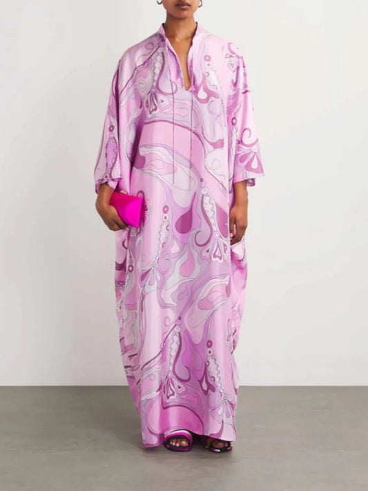 Retro Glam Pink Swirl Print Kaftan Maxi Dress