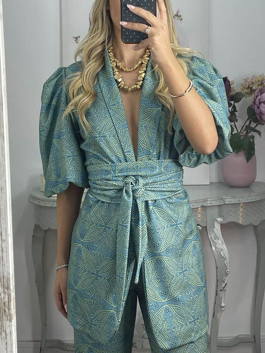 Casual Ethnic Style Printed Puff Sleeve Shirt