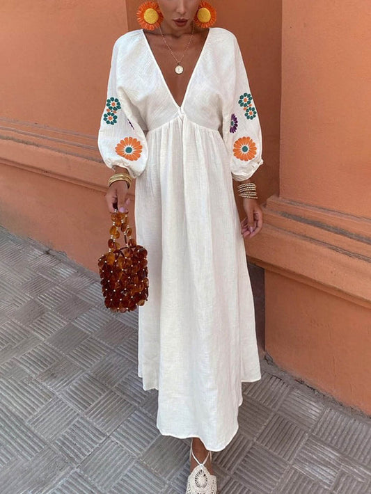 Floral Print V-Neck Lantern Sleeves Backless Maxi Dress