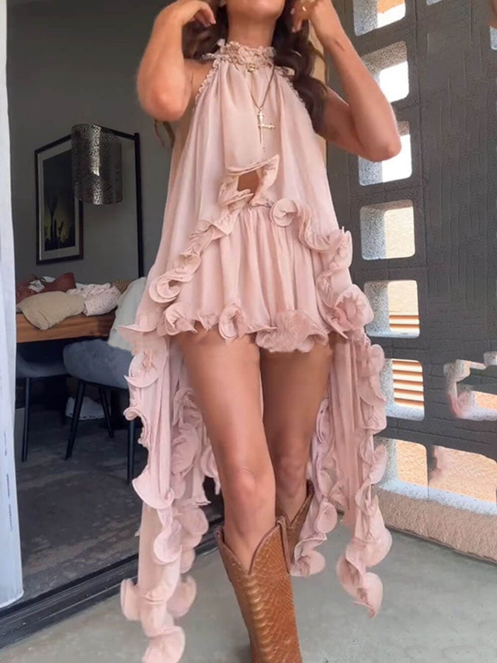 Delicate Romantic Drama Chiffon Wavy Ruffles Halter Irregular A-line Top