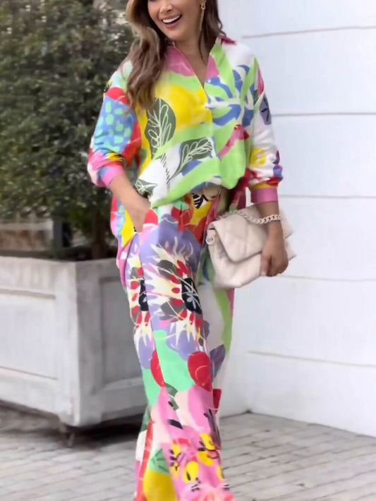 Loose Ethnic Printed Shirt High Waist Wide Leg Pants Suit