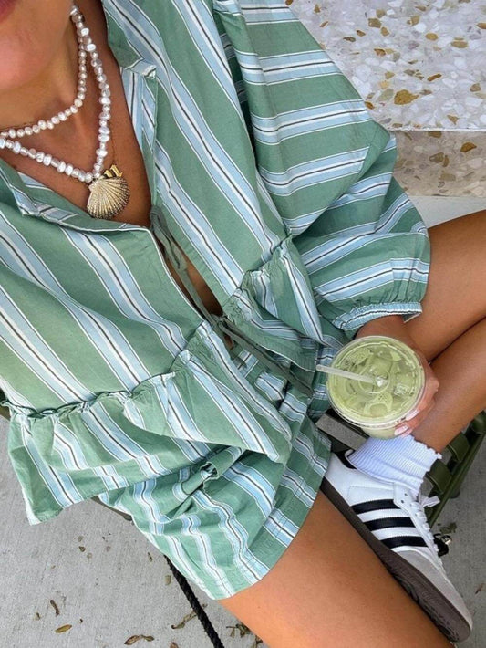 Patchwork Striped Loose Printed Shirt And Shorts Set