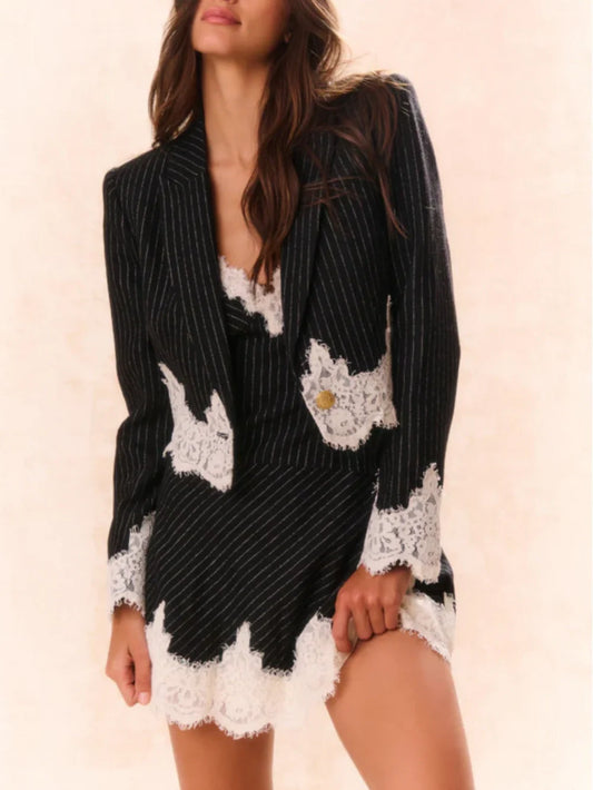 Classic Striped Lace Trim Lapel Crop Loose Blazer