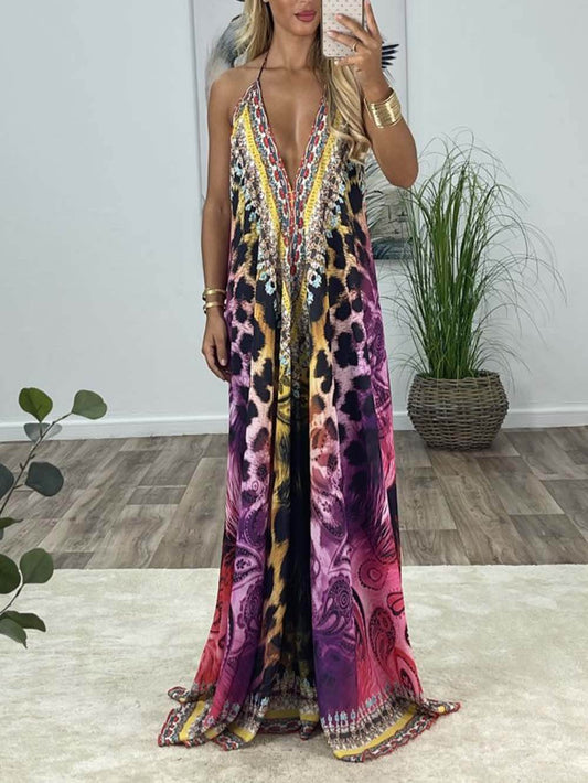 Unique Ethnic Print Backless Maxi Dress