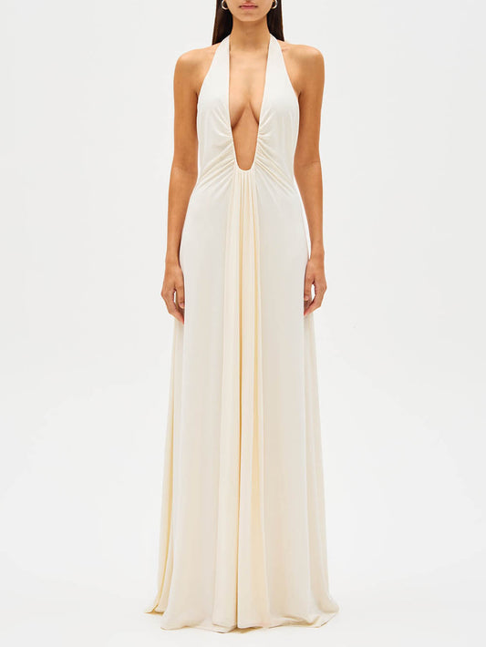 Elegant Deep U-neck Halter Waterfall Sash Drape Maxi Dress