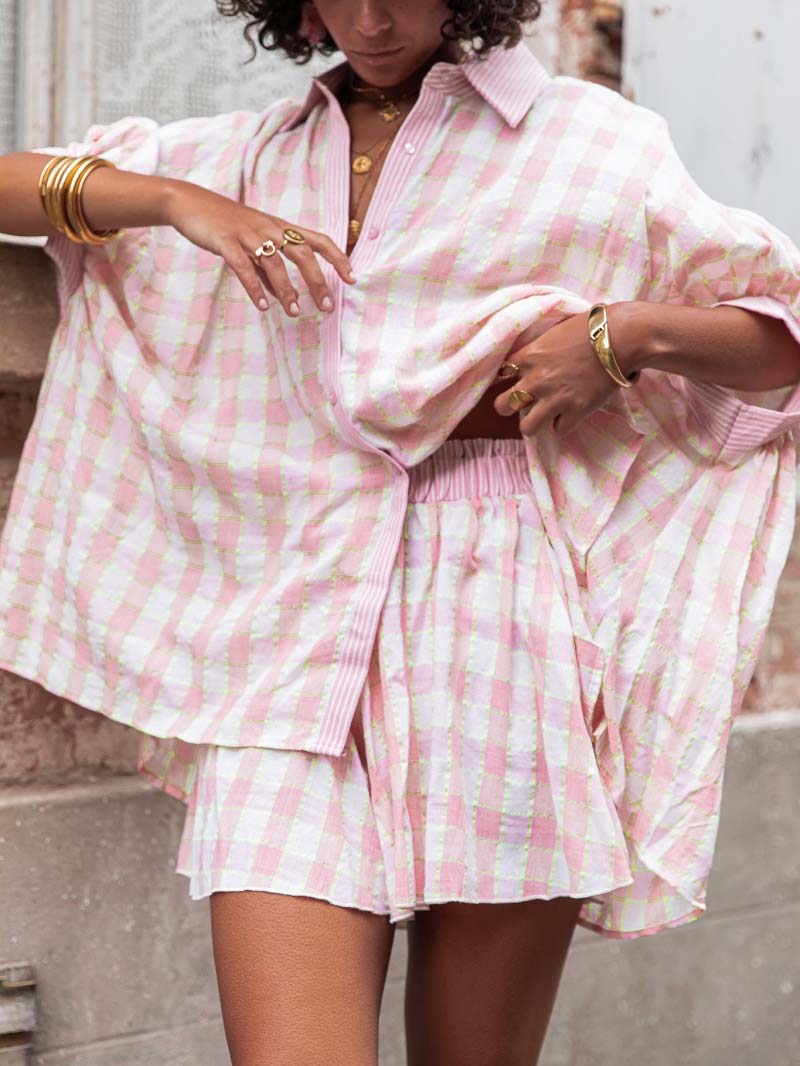 Unique Check Print Bat Sleeve Oversized Shirt