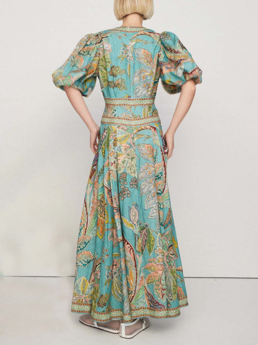 Unique Satin Vintage Floral Print Puff Sleeve Midi Dress